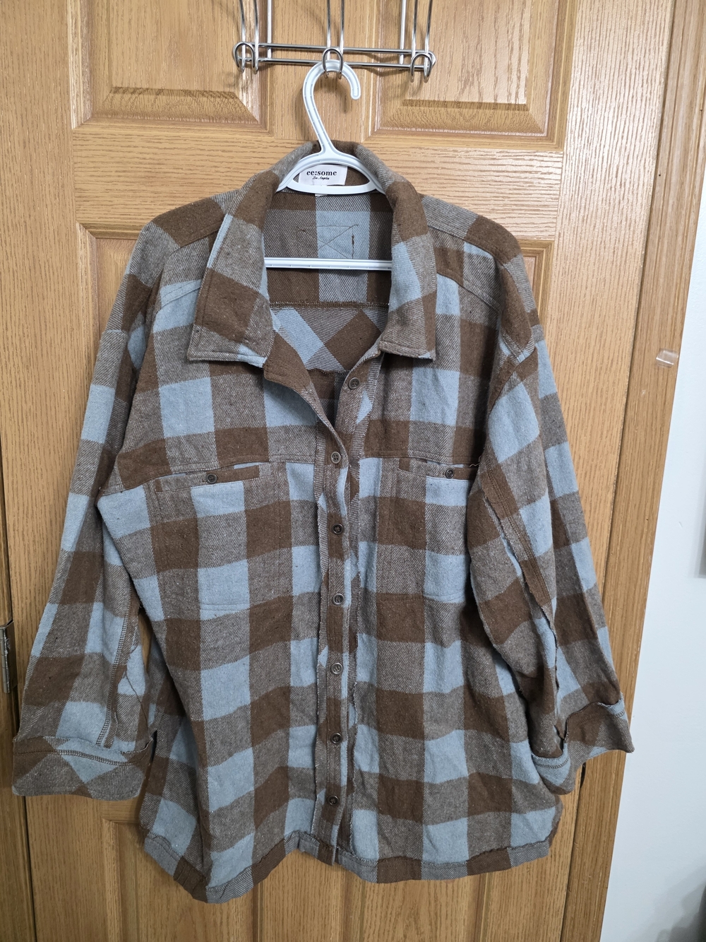 eesome Brown and Light Blue Check Flannel Button-Front Shirt